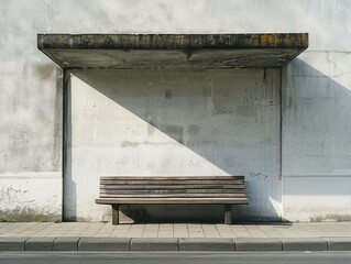 Poster - A wooden bench sits under a concrete overhang in front of a white wall. AI.