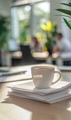 Poster - A cup of coffee sits on a stack of papers on a desk in an office. AI.