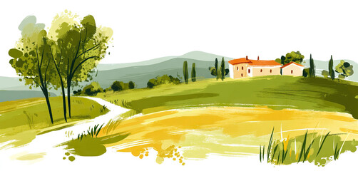 Wall Mural - Green hilly landscape with a winding path and countryside houses, isolated on transparent cutout background