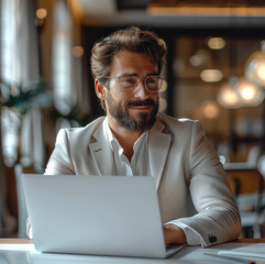 Aufkleber - Happy business man using laptop at office cabin.