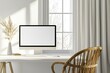 © ffunn - Front view of a blank computer screen on a white desk in a minimal home office interior. A mockup with copy space for text and design elements