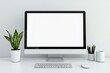 © ffunn - White desktop with computer mockup and accessories on it, against a white wall background. Minimalist home office interior design of a modern studio apartment or house. White screen
