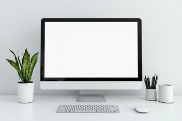 white desktop with computer mockup and accessories on it, against a white wall background. minimalis
