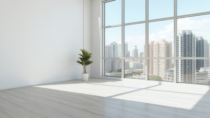 Sticker - Minimalist room with a large window overlooking a city.