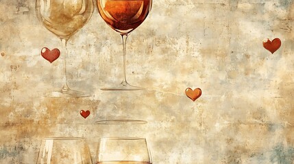 Wall Mural - Vintage-style pattern of wine glasses and heart-shaped bubbles, muted tones on a faded parchment background, nostalgic appearance, aged textures, romantic atmosphere, hd quality, seamless arrangement.