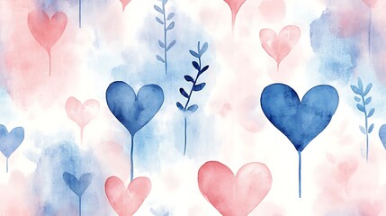 Wall Mural - Watercolor hearts and arrows pattern, soft pastel colors, textured paper background, flowing brush strokes, gentle repetition, romantic and dreamy vibe, hd quality, artistic design,