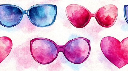 Sticker - Watercolor pattern of heart-shaped sunglasses and accessories, soft and blended colors on textured paper background, artistic and romantic feel, hd quality, seamless integration. --ar 16:9 --tile