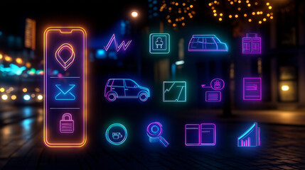 Neon icons representing technology and transportation on a digital interface against an urban background