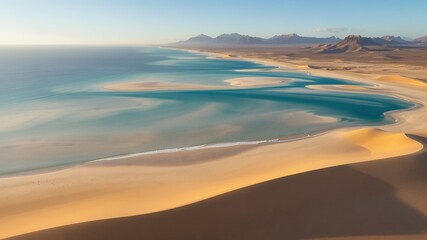 Sticker - Aerial view of a pristine beach with turquoise water and golden sand dunes.