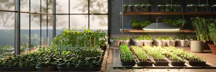 Poster - Sunlight filters into a cozy greenhouse, highlighting trays of flourishing microgreens in a nurturing environment. Generative AI