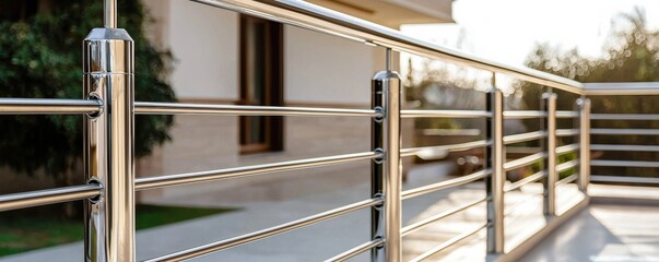 Modern balcony railing with stainless steel finish against a soft background.