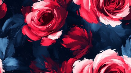 Canvas Print - Abstract pattern of red and pink roses with scattered petals, bold brush strokes, deep shadows, dark background, expressive and dynamic composition, hd quality, artistic and modern design.