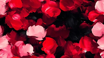 Poster - Abstract pattern of red and pink roses with scattered petals, bold brush strokes, deep shadows, dark background, expressive and dynamic composition, hd quality, artistic and modern design.