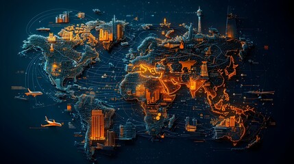 Fototapete - Glowing mesh lines illustrating a world map with highlighted travel routes and landmarks representing global connectivity transportation and through a futuristic abstract design