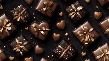 Poster - Digital pattern featuring chocolate boxes and heart candies, gold foil accents on a dark chocolate background, luxurious appearance, glossy finish, romantic and elegant feel, hd quality,