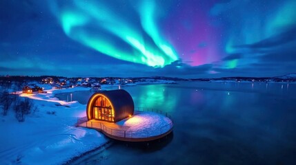 a photostock of a snowy village under the northern lights, with colorful aurora filling the sky. nik
