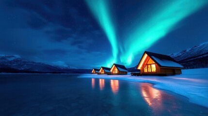 a photostock of a snowy village under the northern lights, with colorful aurora filling the sky. nik