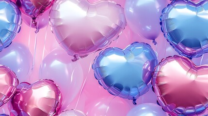 Poster - Digital pattern featuring heart-shaped balloons, pastel gradient background blending pink, blue, and lavender, glossy and reflective balloon surfaces, dreamy atmosphere, hd quality,