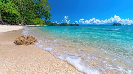 A photostock of a tropical beach with soft waves washing up on the shore, under clear blue skies. Nikon camera, 24mm lens, f/4 aperture, 1/320 shutter speed, focused on the shoreline