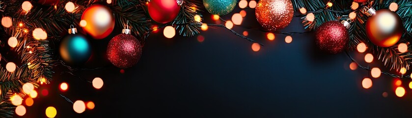 Christmas Background, Festive Christmas decorations with ornaments and lights, dark background.