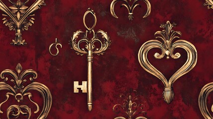 Poster - Digital pattern featuring heart-shaped locks and keys, ornate details, deep red background, luxurious appearance, intricate designs, vintage vibe, metallic sheen, hd quality, seamless repetition.