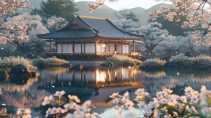 Wall Mural - A serene Japanese landscape during cherry blossom season, showcasing traditional wooden tea houses surrounded by blooming sakura trees.