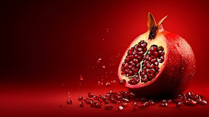 Close up view of a halved pomegranate revealing its vibrant jewel like ruby red seeds glistening with moisture against a clean minimalist background