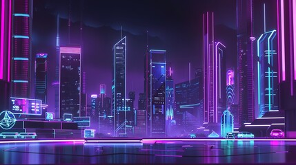 Wall Mural - Modern Network Security Interface: Intricate Cyber Defenses, Encrypted Data Streams, Neon Cityscape Backdrop