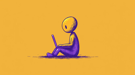 working on a laptop, using notebook, 2D simple Illustration