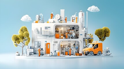 Poster - Comprehensive Cross Section of a Modern Manufacturing Facility Showcasing Assembly Control Measures and Integrated Office Management Spaces for Efficient Production Processes