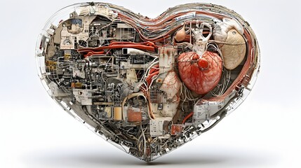 Conceptual abstract of a heart shaped object with a cross sectional view revealing fragments and layers of emotions like joy sadness and love