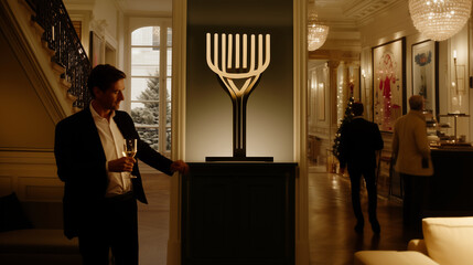 Modern design 9-armed hanukkiah candelabrum on display at a soiree banquet in a lavish home for the Jewish holiday Hanukkah (Chanukkah)