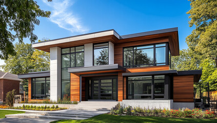 A modern house with an exterior wall made of wood and concrete, featuring two stories and large windows overlooking the street