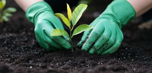 A person wearing green gloves is planting young citrus tree seedlings in the black fertilized soil, with a close-up view of their hands and the plant.