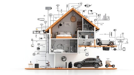 Aufkleber - Cross section view of a modern smart home showcasing the of various interconnected IoT devices and automation systems that provide intelligent control and optimization of the living environment