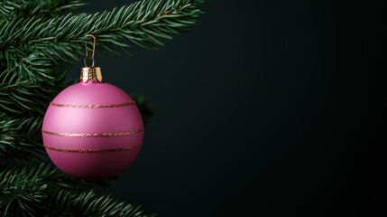 A pink ornament hangs delicately from a Christmas tree branch against a dark background, evoking festive cheer and holiday spirit.