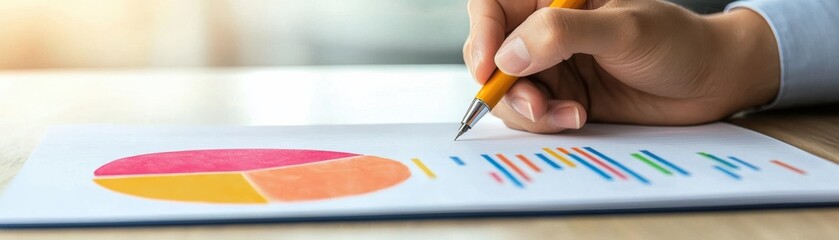 A hand holding a pencil over a business report with colorful charts and graphs on a wooden desk.