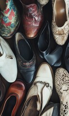 A collection of various shoes on a wooden surface.