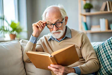 Wall Mural - Serious squinting touching eyeglasses to see more clearly, trying to read paper