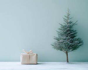 Christmas gift and decorated tree on light blue background, festive holiday spirit.