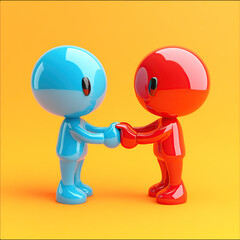 3D icon of two cartoon characters shaking hands, in blue and red colors, on an orange background