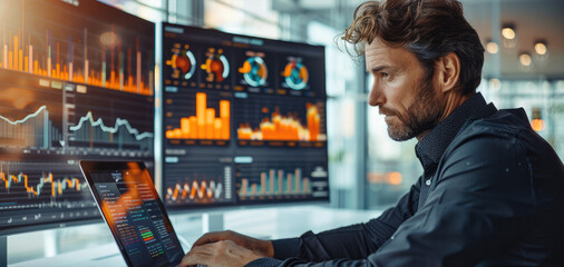 Canvas Print - A focused businessman analyzing financial data on a laptop at a modern office desk, surrounded by charts and graphs displayed on multiple screens.