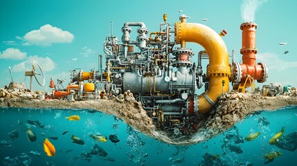 Poster - Detailed cross section of an intricate underground water pipe network highlighting the processes and flow dynamics involved in the distribution and management of this vital resource