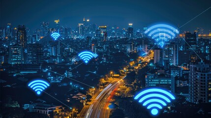 Poster - Modern city with wireless network connection and urban landscape concept wireless network and connectivity technology on city background at night.