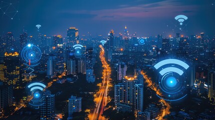 Poster - Modern city with wireless network connection and urban landscape concept wireless network and connectivity technology on city background at night.