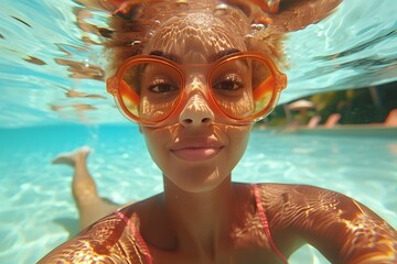 Summer Fun: Underwater Selfie with Bold Sunglasses in Vibrant Pool Scene