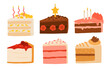 © tanyabosyk - Birthday cake slices set. Sweet holiday bakery pieces collection. Pastry chocolate fruit, berry dessert with candles for breakfast. Vector hand drawn flat cartoon illustration
