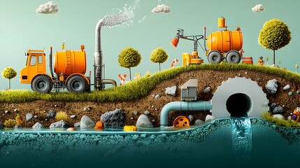 Aufkleber - Detailed Cross Section View of an Urban Sewer System Illustrating the Complex Water Flow and Waste Treatment Processes Beneath the City s Infrastructure