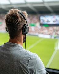 A man wearing headphones watches a live football match from a stadium seat.