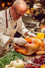 A chef preparing a Thanksgiving turkey in a professional kitchen. Holiday cuisine preparation, fine dining.